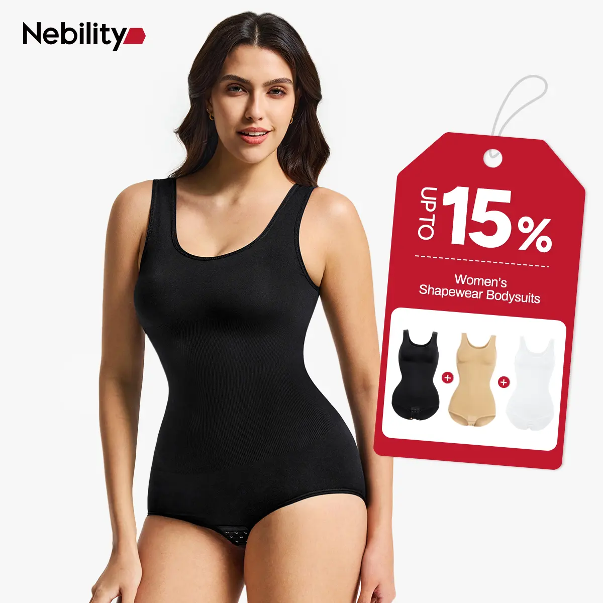 Nebility Women's High Waist Compression Shapewear Bodysuit - Sleeveless, Square Neck, Double Lined, Tummy Control Tank Top for Summer, Body Contouring, Body Fitted, Slimming Control, Body Fitted Bodysuits