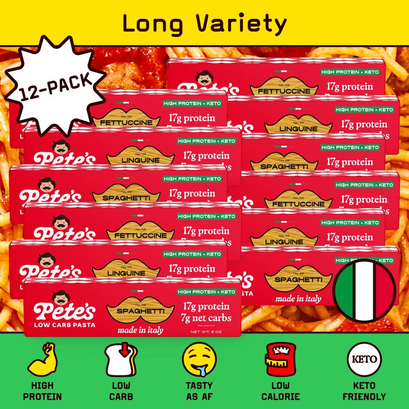 Pete's High Protein, Low Carb Pasta - Variety Spaghetti, Fettuccine, Linguine