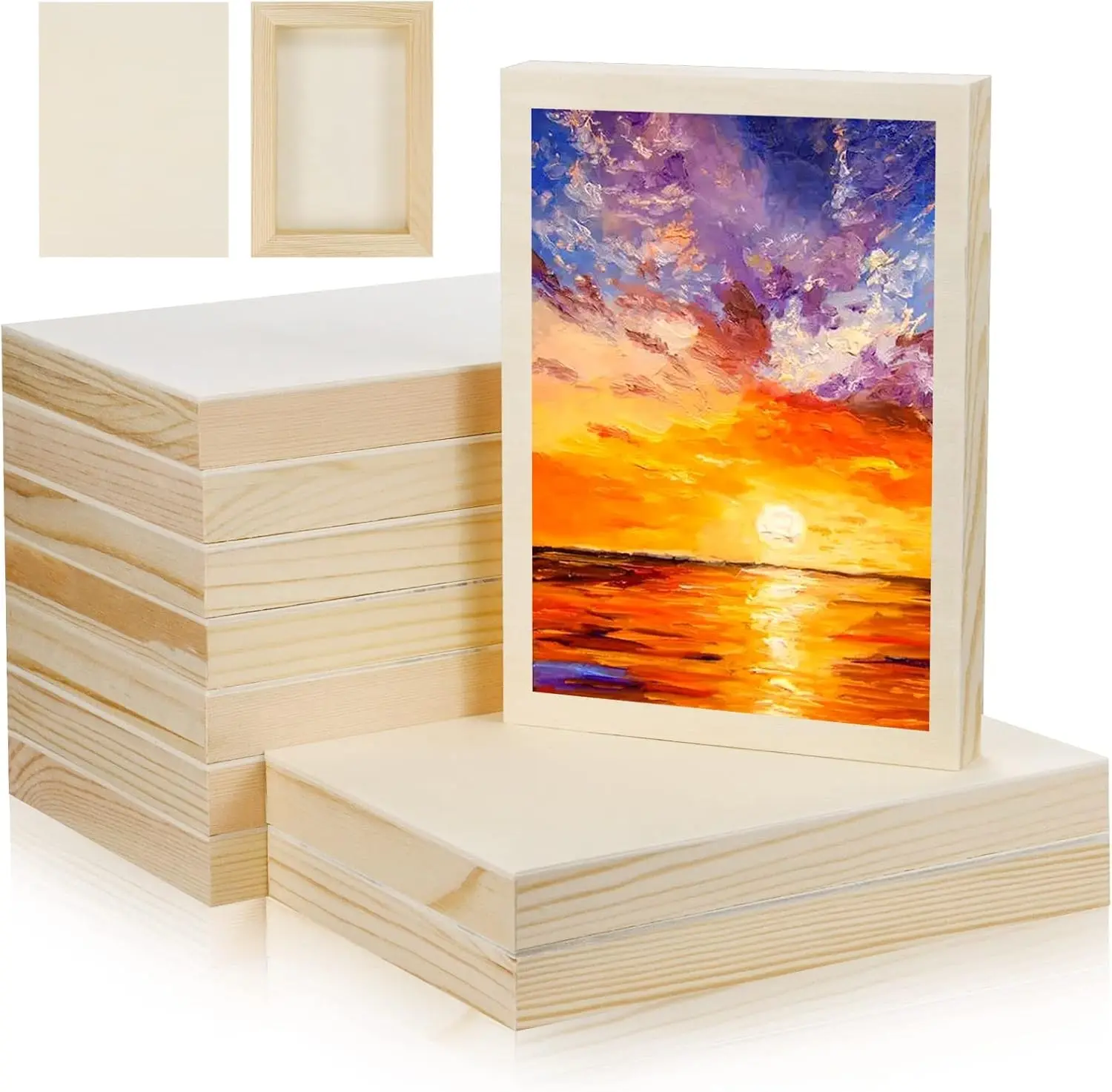 10 Pcs Unfinished Pine Wood Panel Boards Stacked Pack - 5x7 In, 0.8 In Thick, 220-Grit Sanded Face, 1/8 In Tolerance, Edge-Standing, For Painting Art, Gesso Recommended