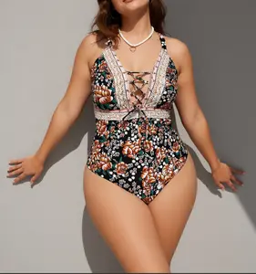 Plus Size Floral Lace Up One-Piece Swimsuit - Women's Slimming Cutout V-Neck Bathing Suit, Tummy Control Torrid Swimwear