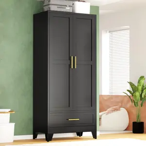 71-inch metal wardrobe with 2 doors and 1 drawer for ample storage, featuring a hanging rod and adjustable shelves. Sturdy and durable, it makes organizing your bedroom a breeze. steel frame farmhouse kitchen pantry cabinet utility room bathroom versatile