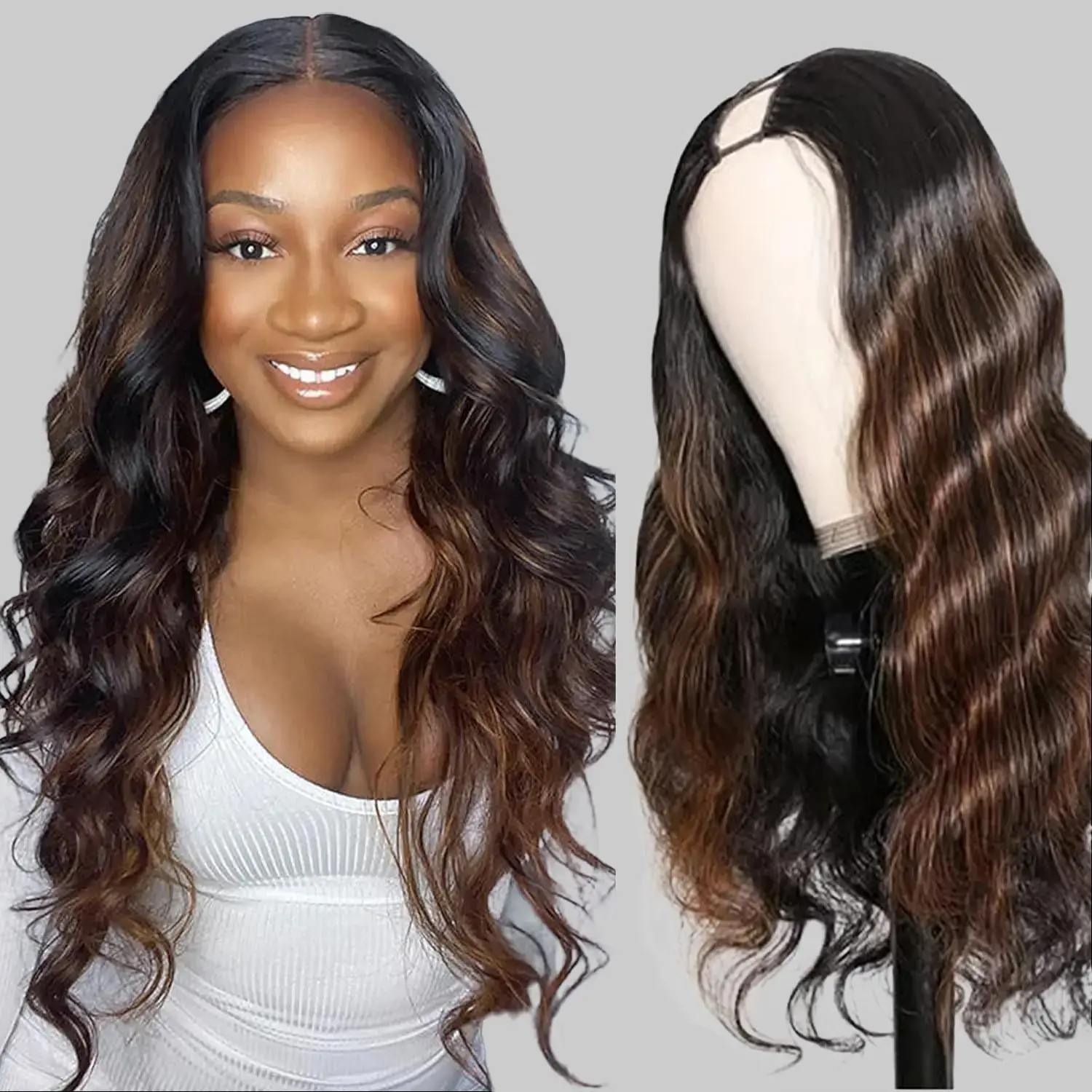 V Part Wig Body Wave 1B/30 Color Wear and Go Wigs for Women 24 Inch Synthetic Black Glueless Wig No Sew In