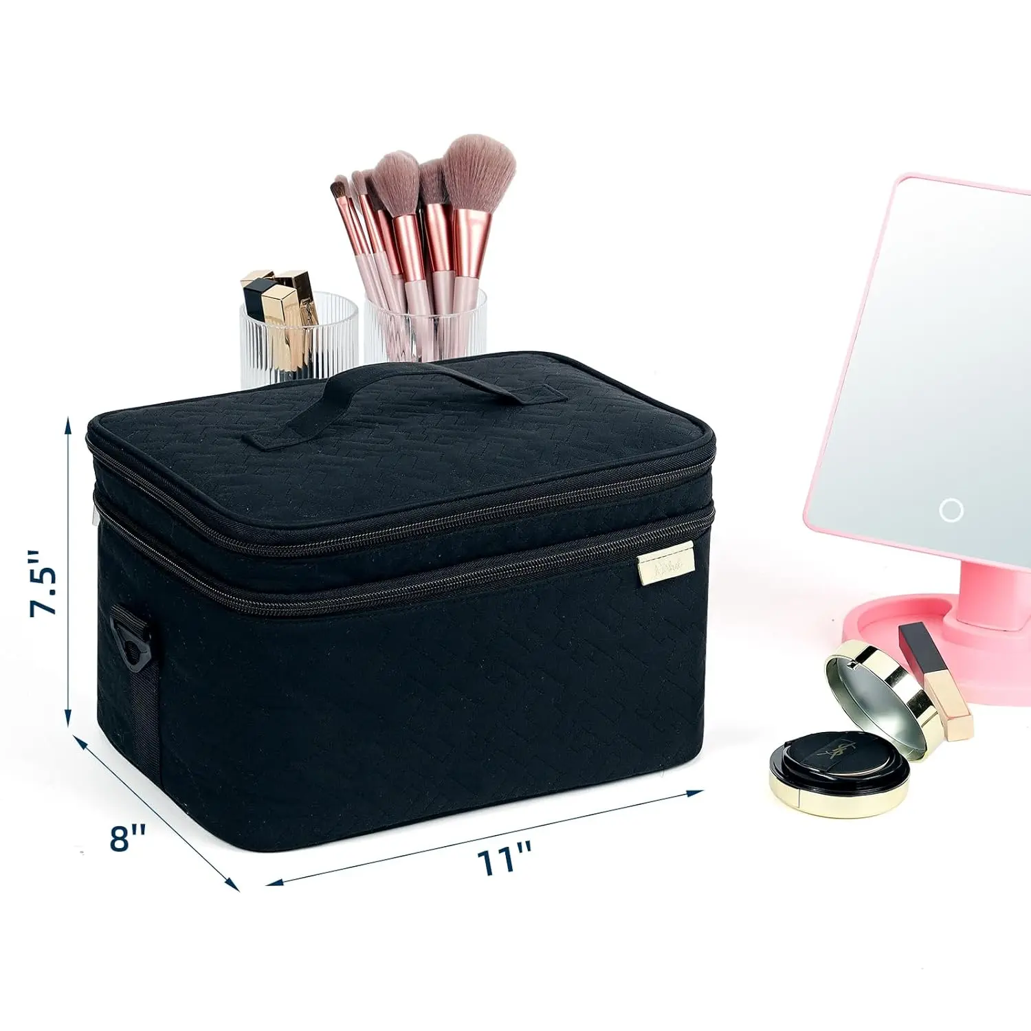 NISHEL Extra Large Double Layer Travel Makeup Bag Women, Cosmetic Organizer Case, Travel Essentials Accessories with Shoulder Strap for Bottles, Brushes, Conditioner, Skin Care Products, Black