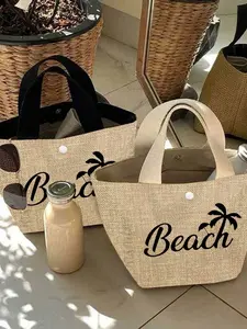 Boho Woven Handbag, Beach Letter Printed Bag, Lightweight Daily Commute Shopping Bag, Summer Travel Vacation Bag, Lightweight Weekender Bag, Durable Fabric with Magnetic Buckle, Handheld Bag