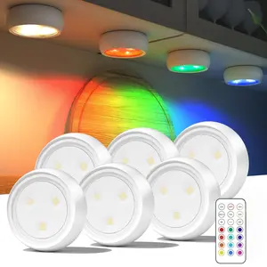Adjustable Color Temperature RGB Round LED Under-Cabinet Light, Remote Touch Control, Battery Powered, Office Decor and Desk Lighting