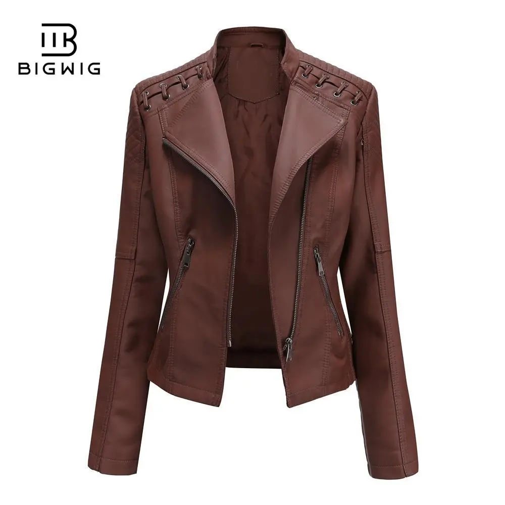 BIGWIG women's comfortable warm lapel motorcycle jacket, zip-up cropped punk style crop top, faux leather jacket, vintage leather jacket, PU jacket, slim fit top, women's motorcycle clothing, long sleeve autumn snow jacket, full zip windbreaker