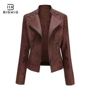 BIGWIG women's comfortable warm lapel motorcycle jacket, zip-up cropped punk style crop top, faux leather jacket, vintage leather jacket, PU jacket, slim fit top, women's motorcycle clothing, long sleeve autumn snow jacket, full zip windbreaker