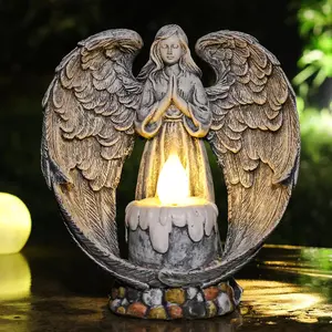 Angel Garden Statues Outdoor Cemetery Decorations for Grave Take The Cross Praying Wings Angel Figurine Cemetery Lights Patio Lawn Yard Porch Decorations 10.24 Inch