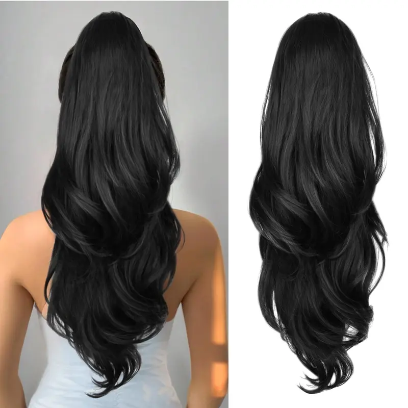 Sohochic AISI HAIR 26 Inch Drawstring Ponytail Extension Long Wavy Layered Hair Extensions Synthetic Claw Clip in Ponytail Hairpiece for Women fluffy hairpiece Ponytailwig Hairextensions Wave Wig