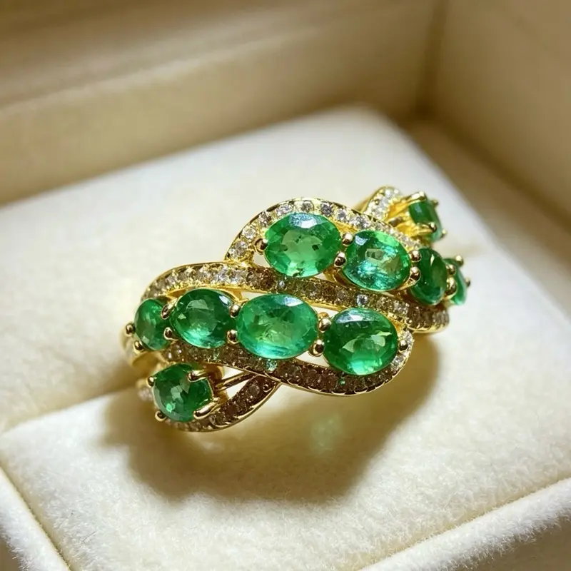 <PingEast Jewerly>Emerald ring--925 Silver Natural Colombian Emerald Row Ring | Multi-Stone Design
