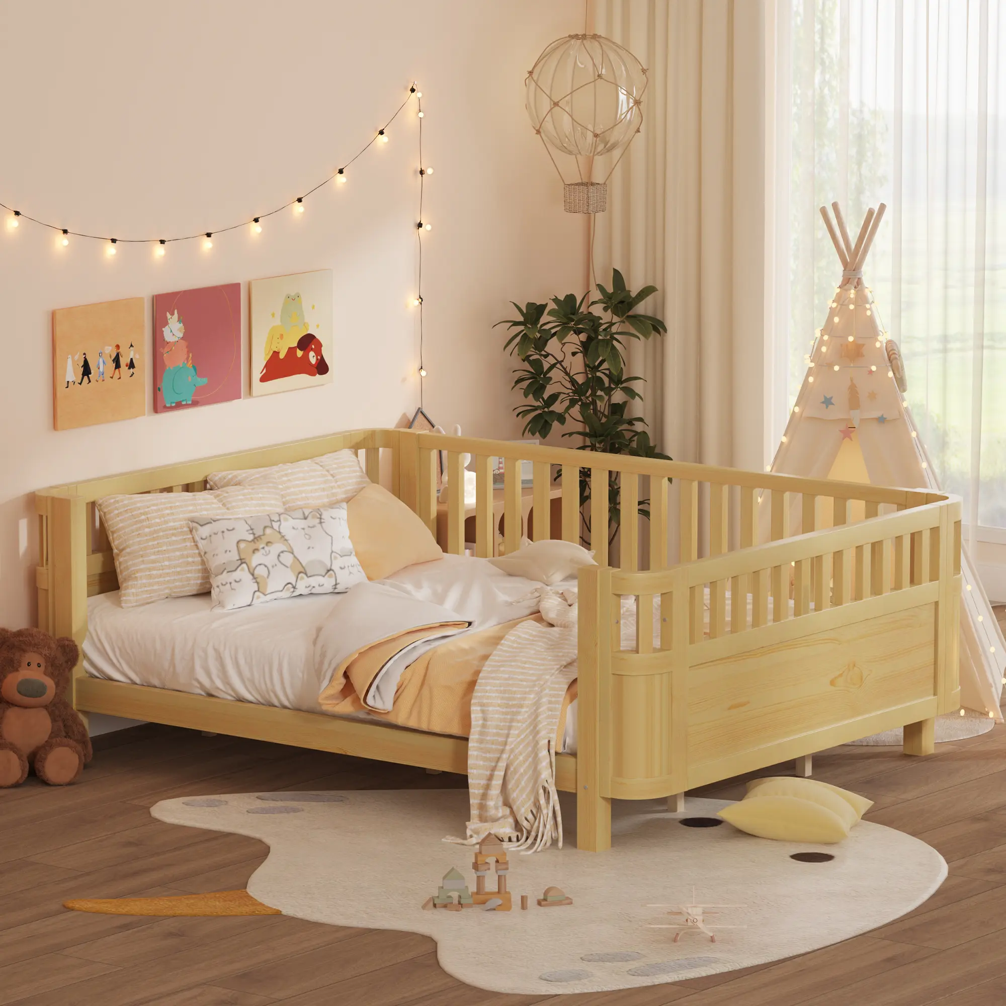 White Queen Size Wood Platform Bed - Montessori Toddler Safe Sleep Bed with Safety Rails and Round Corners, Montessori Bed Princess Bed Toddler Bed