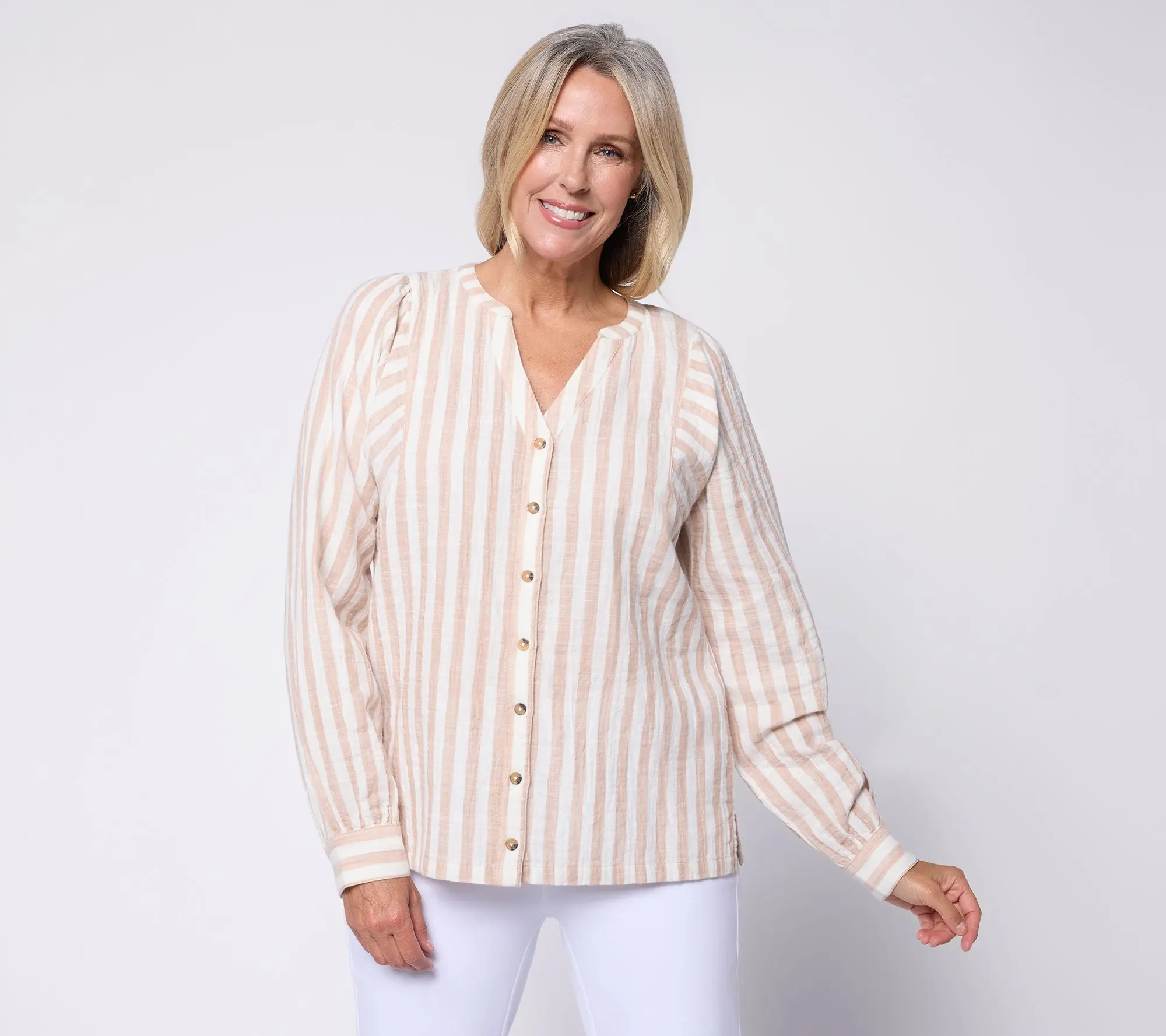 AnyBody Striped Cotton Double Cloth Long Sleeve Top