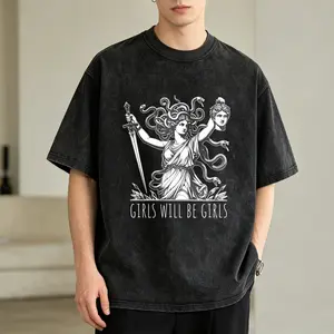 Men's Vintage Washed T-Shirt Medusa Holding Sword And Head Oversized Graphic Tee Outdoor Casual Short Sleeve