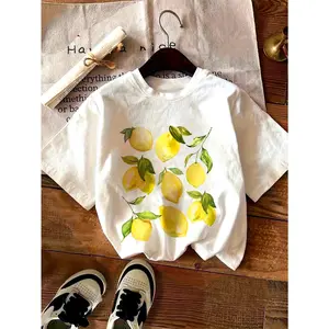 Women'S Lemon Print Short Sleeve T-Shirt - Soft Cotton-Like Knit Fabric, Lemon Slice & Leaf Design, Drop Shoulder Relaxed Fit, All-Season Casual Top With Lemon & Lime Fruit Pattern (White) For Summer Outfits, Picnic, Beach - Machine