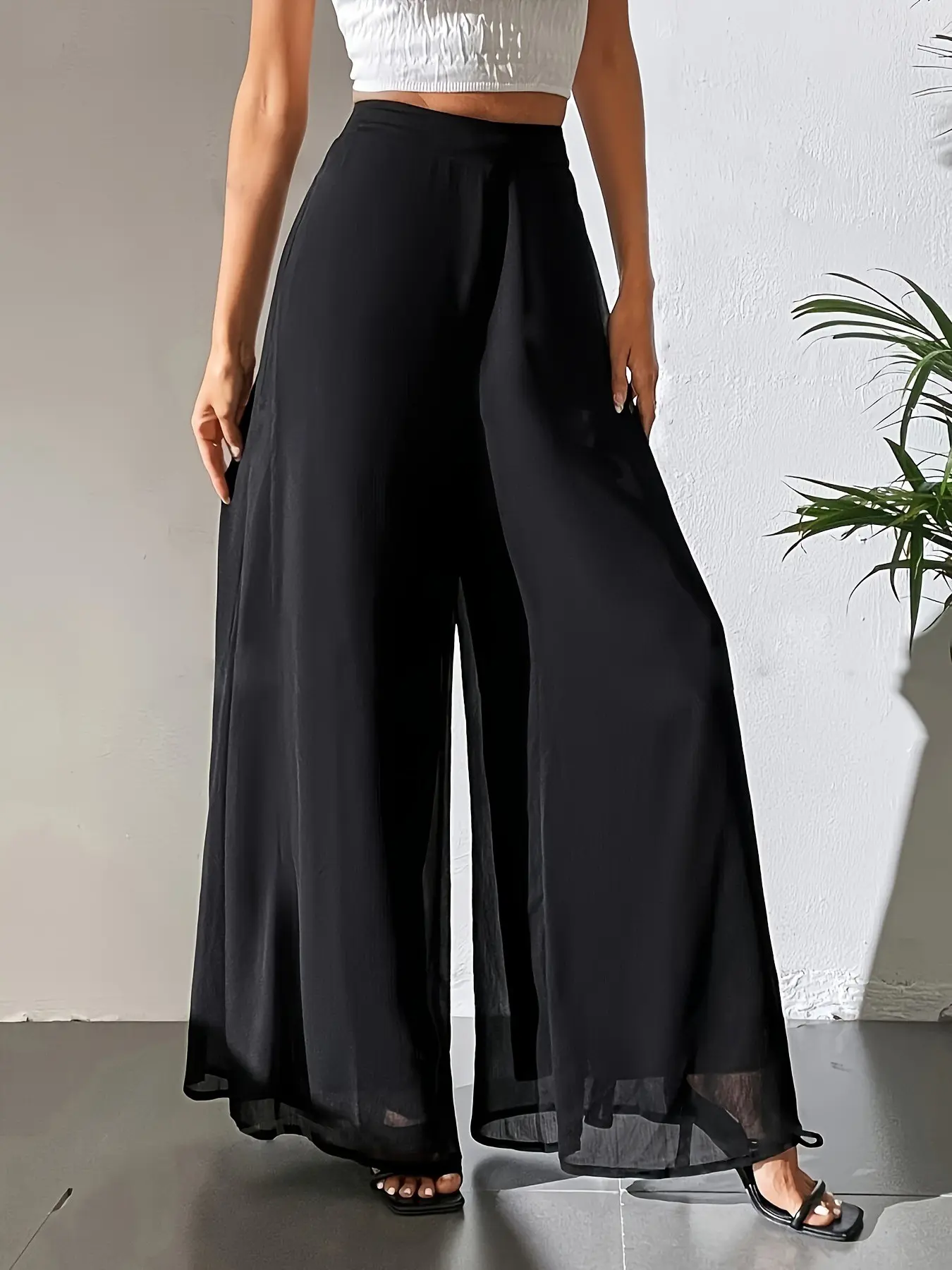 1 Spring Summer Sheer Chiffon Wide Leg Pants Women | High Waist Elastic Waist Flowy Palazzo Trousers Slouchy Palazzo Pants Bohemian Bottoms | Old Money French Chic Style for Daily Office Vacation Beach Wear Boho Comfy Trousers