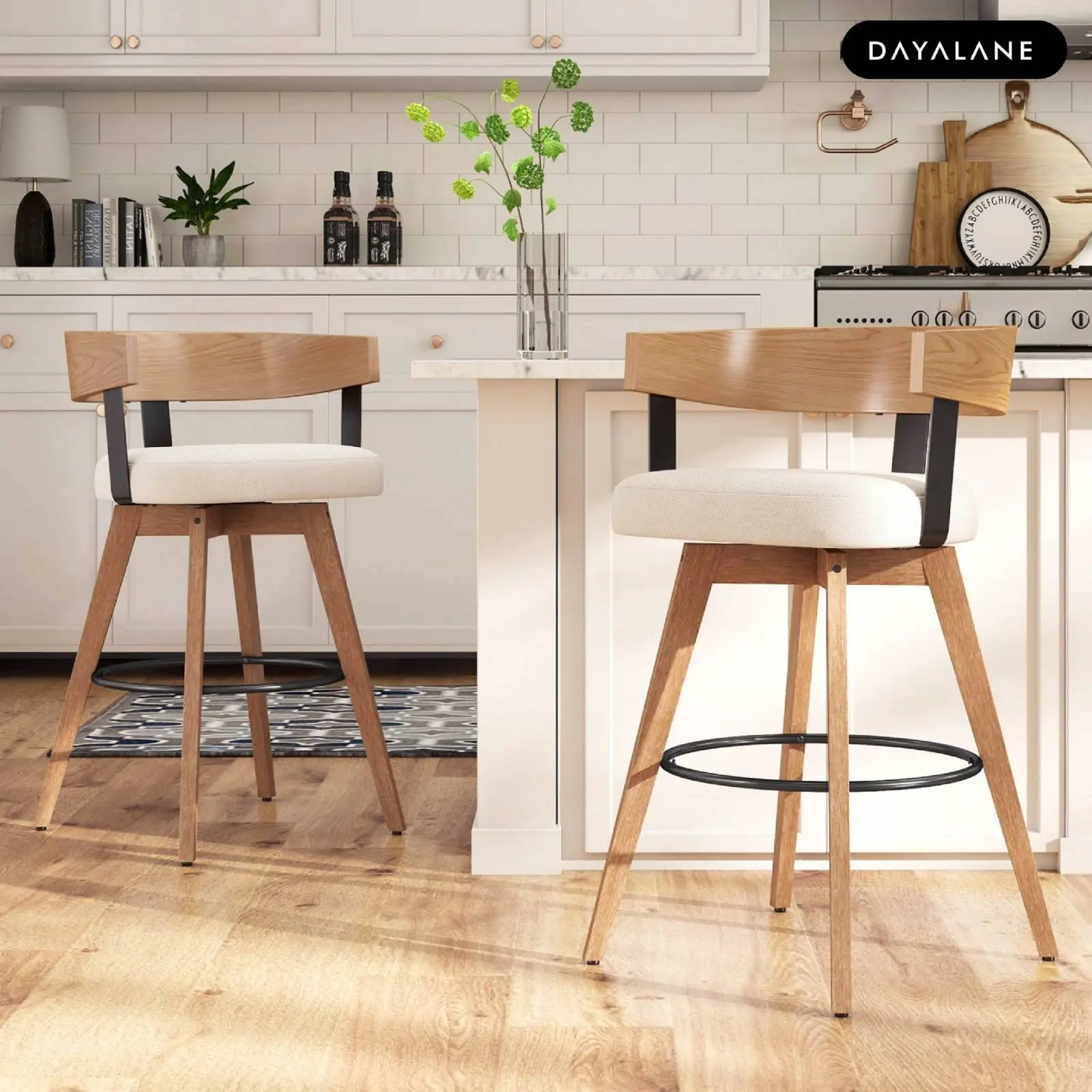 [BackToSchool]DAYALANE 26"H Swivel Bar Stools Set of 2 with Footrest Walnut Wood Leg Warm Tone, Mid Century Modern Linen Upholstered Seat for Kitchen Counter Home Bar 360-Degree Swivel Supportive Backrest Dining Chair, Dining Chair Set, Modern Chairs