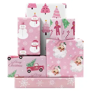 Pink Christmas Wrapping Paper 6 Sheets, Santa Claus Snowmen Gingerbread Men Snowflakes Christmas Trees Winter Pink Gift Wrap Paper, Folded Flat DIY Craft Art Paper for Xmas Party Holiday Decor Supplies