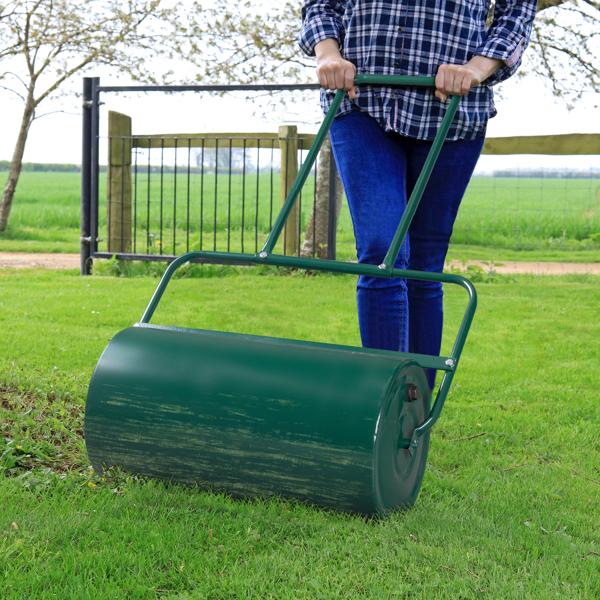 24" Steel Lawn Roller, 13 Gallon Water/Sand Fillable Yard Roller with U-Shaped Handle & Easy Drain Plug, Push & Pull Sod Roller for Grass Flattening Seed Packing, Green