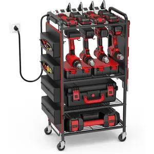 Large Power Tool Organizer Cart with  Station and Heavy Duty Tool Bag, Garage Drill and Tools  Holder Storage Rack with 8 Outlet Power Strip, Utility Rolling Shelf on Wheels
