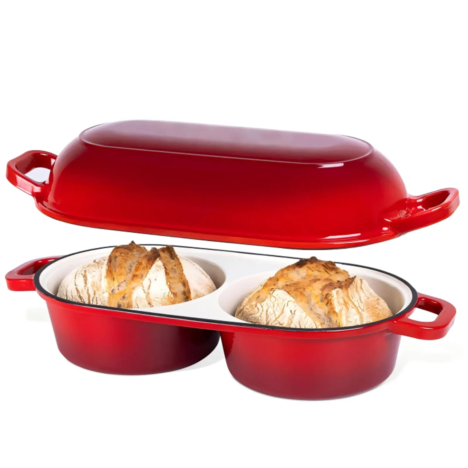Multi functional bread cookware, Dutch high-quality yeast bread baking oven, glazed cast iron bread baking mold, 500 ° F high-temperature resistant non stick baking mold, double round hole bread position, baking bread, fried eggs