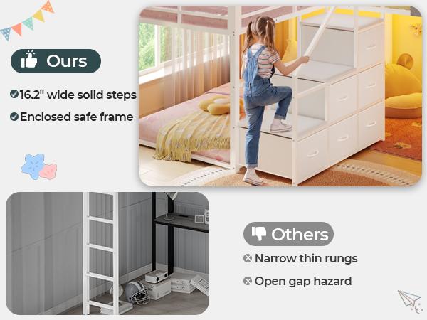 ADORNEVE L-Shaped Triple Bunk Beds Twin Size wit Staircase and 6 Drawers 3 Twin Beds with All-Around Safety Guardrails and Storage Staircase Side Storage Pocket