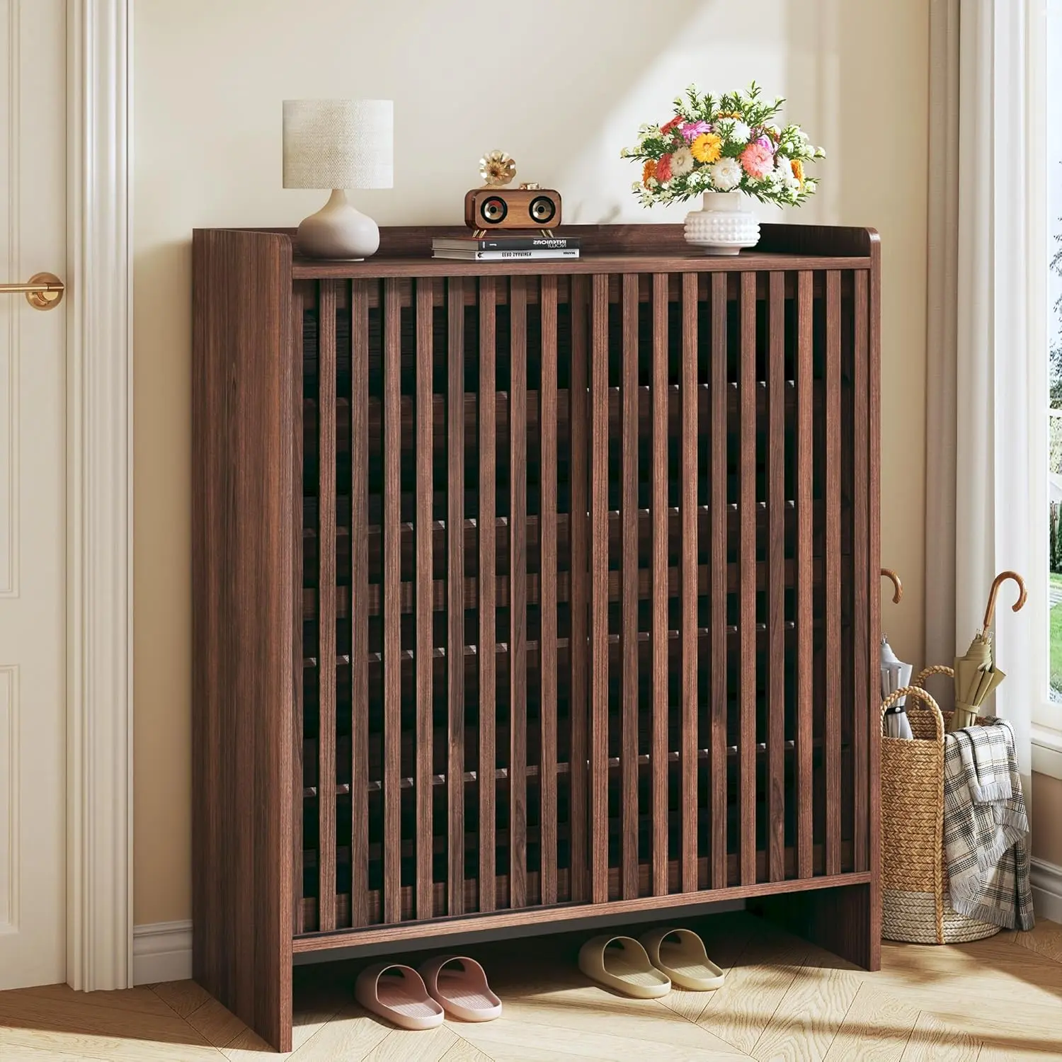 5-Tier Shoe Cabinet with Sliding Shutter Doors, Wooden Shoe Storage Cabinet with Adjustable Shelf, Modern Freestanding Shoe Organizer Cabinet for Entryway, Hallway