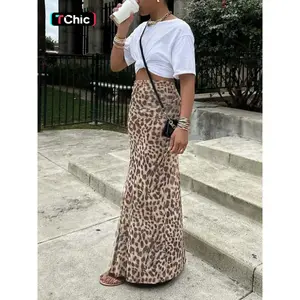 Women's High Waisted Leopard Print Mesh Skirt, Long Plain H-Type Slim-Fitting A-Line Split Design, Versatile Elegant Fashion Bottoms