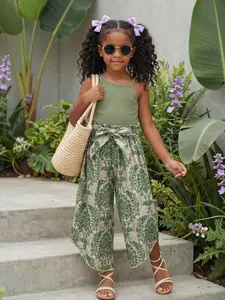 Youth Girls' Striped Sleeveless Top + Floral Print Skirt Set, Loose Fit Design, Perfect for Beach Vacation & Outdoor Wear