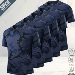5-pack men’s camouflage quick-dry short-sleeve T-shirts, American street sports casual style, breathable skin-friendly cool-touch fabric that stays fresh and wicks sweat without feeling sticky, classic crew neck design that fits snugly around the neck wit