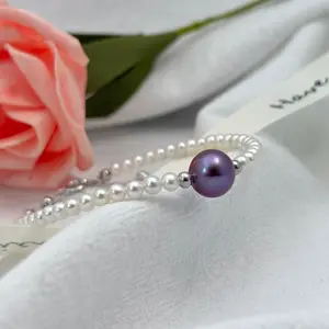 [Pearlury]Real Pearl String Bracelet Freshwater Purple Edison with White Pearl Mixture Lady Style Elegant S925 17+3cm Adjustable