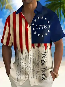 Men's Retro 1776 Independence Day American Flag Shirt - Red, White, and Blue Hawaiian Vacation Beach Party Top - Machine Washable, Will Retain Shape, Formal and Casual Attire