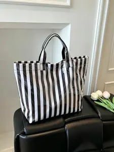 Women's Striped Bucket Bag, Unique Design PVC Material, Large Capacity Waterproof Commuter Shoulder Bag, High-Profile Handbag