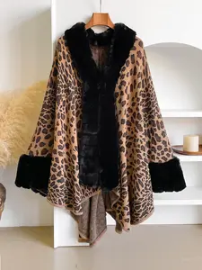 Women's Winter Warm Plush Hooded Cape, Leopard Print Casual Fashion Accessory, Elegant Daily Wear for Cold Weather Comfort