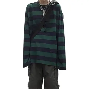 Striped Crewneck Long Sleeve T-Shirt Pullover Shirt Punk Japanese Harajuku Streetwear Fashion Trend Comfortable Retro Loose Menswear Top