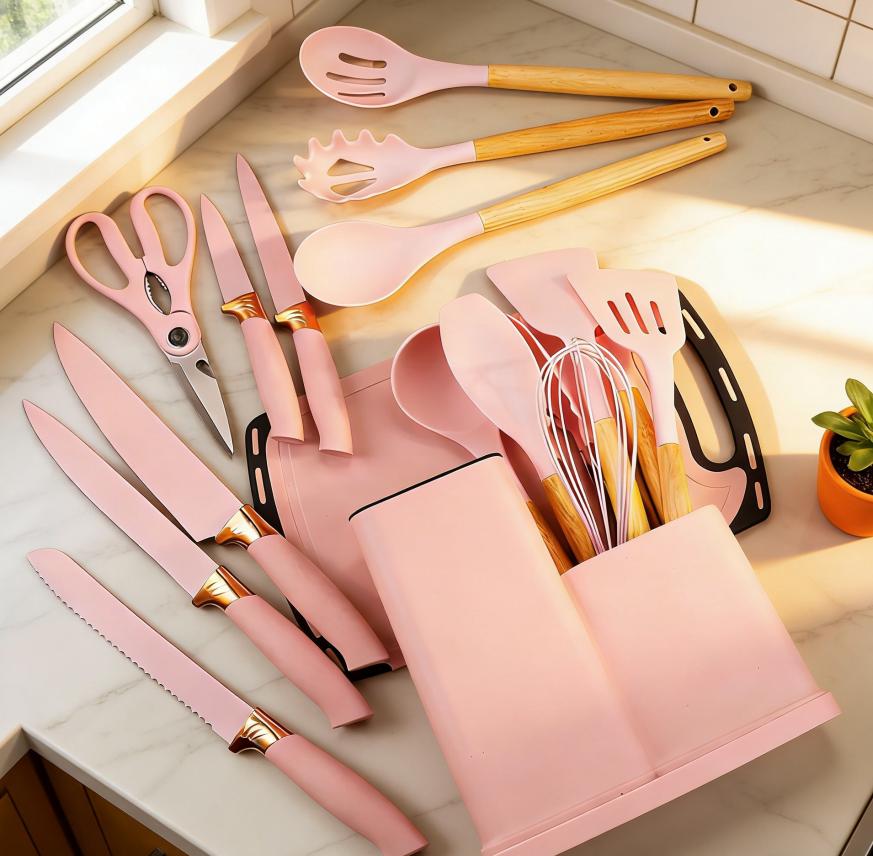 SpringBreak Kitchen Knife Set with Heat-Resistant Silicone Cutlery & Wooden Handles - Includes Chef Knife, Easy to Clean - Ideal Gift for Women on New Year, Valentine's Day and More Cookware Pink Utensils Cooking pots pans set Modern Home Grey Nonstick SpringBreak Kitchen Knife Set with Heat-Resistant Silicone Cutlery & Wooden Handles - Includes Chef Knife, Easy to Clean - Ideal Gift for Women on New Year, Valentine's Day and More Cookware Pink Utensils Cooking pots pans set Modern Home Grey Nonstick
