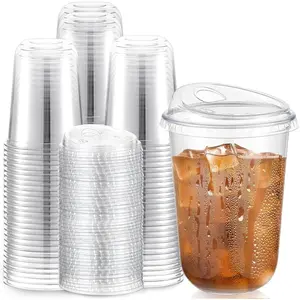 100 count Plastic Cups with Sip  Round Bottom Disposable Plastic Coffee Cups with  Clear Strawless  Mugs for Iced Coffee Smoothie Cold Beverage Party Catering Supplies (16 oz)