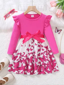 Young Girls Sweet Long Sleeve Frilled Dress with Cute Flutter Sleeves, Waist Belt Detail for Fall & Winter, Princess Dress for Parties & Birthdays