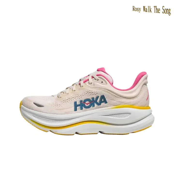 Light Beige Breathable Knit Mesh Women Road Running Sneakers Hot Pink Collar Bright Yellow Strip White Thick EVA Cushion Midsole Shock Absorbing Long Distance Training Athletic Shoes