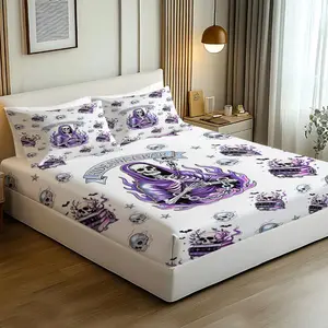 3 Pcs Purple Skull Gothic-Style Fitted Sheet Set, Punk Skull Print Bedding Set, Soft To The Touch, Skin-Friendly and Breathable with Good Support, Suitable for Bedroom and Guest Room Bedding.