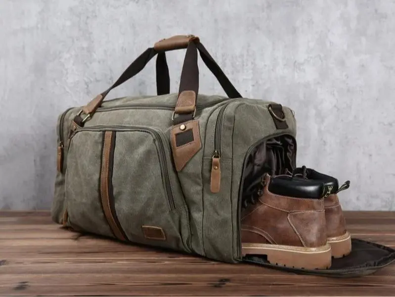 Personalized Travel Duffel Bag, Canvas Leather Weekender bag, Carry on Overnight Bag with Shoes Compartment, Gifts for Men