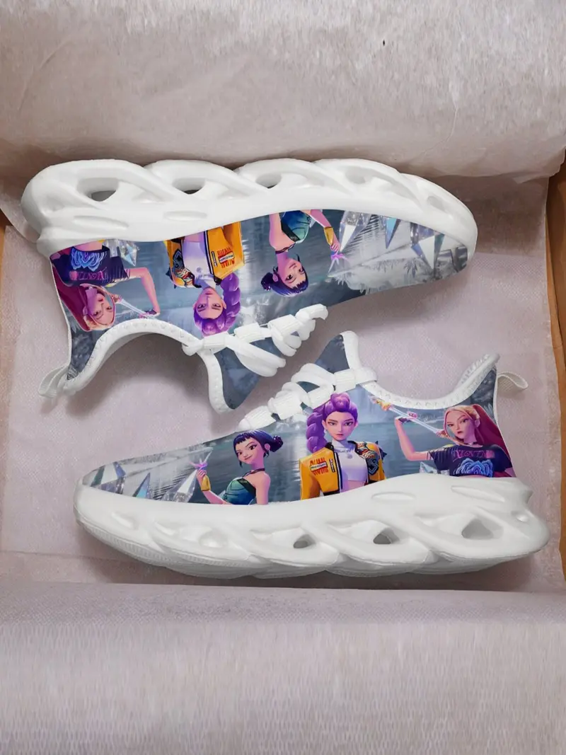 K-Pop Hunter Girl Pattern Kids Shoes, Breathable Mesh Lace-Up Low Top Eva Sole, Durable Fashion Casual Sporty Children Sneakers