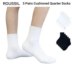 5 Pairs Daily Essential Socks for Women's Daily Wear, - Solid Color Polyester Lycra Seamless Socks, Soft Smooth Cushioned Crew Socks, Wash Resistant Minimalist Versatile Casual Comfort Socks (White/Black)