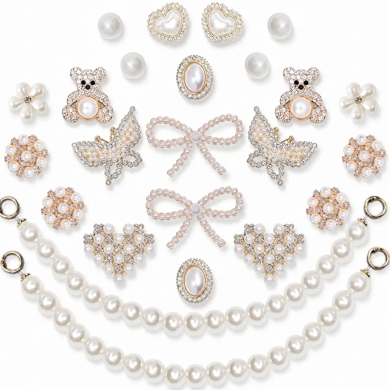 Women's Elegant Pearl Shoe Charms, 24 Pcs Bling Rhinestone Clog Decorations with Chains and Flower Accents for DIY Party Footwear, Chic