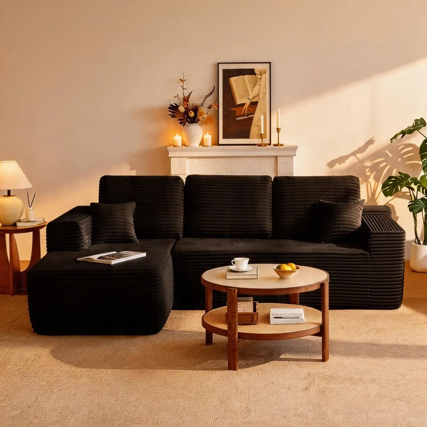 L-Shaped Boneless Sectional Cloud Couch Corduroy Velvet Modular with Chaise No Assembly Required Sofa Living room furniture