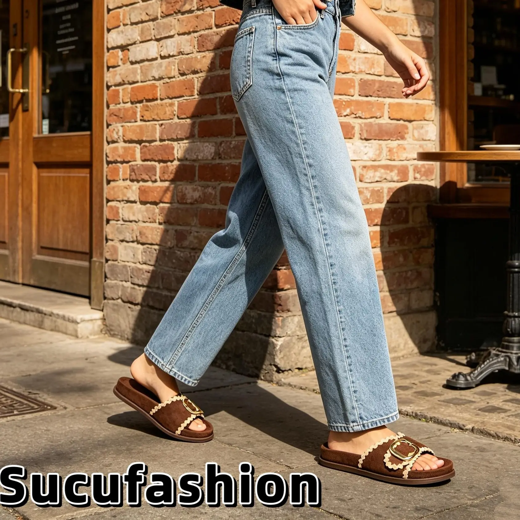 SUCUFashion Stylish Women's Buckle Suede Slides for Outdoor with Rubber Sole Comfortable and Trendy