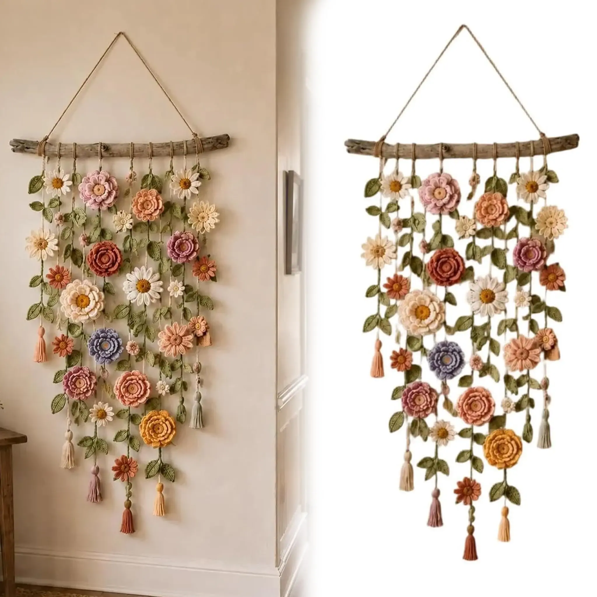 2026 Boho Handmade Cotton Floral Crochet Macrame Hanging Decoration for Wall Indoors Or Porch Natural Linen Look Mellow Ambiance