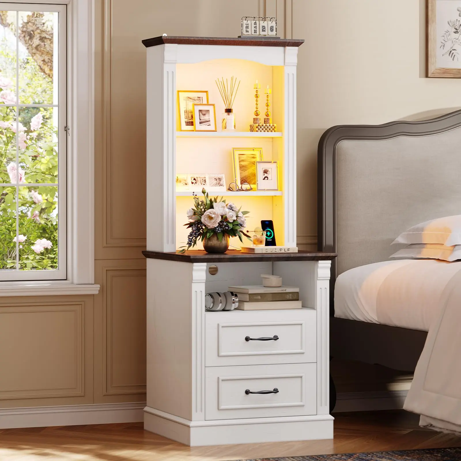52.7" Tall Nightstand, Farmhouse Bedside Stand with Charging Station & LED Lights, Storage End Table with 3-Tier Shelf, Drawers for Bedroom, Living Room (White+Brown)