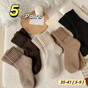 5 Pairs Women's Solid Mid-calf Socks, Casual Soft Comfy Warm Socks for Fall & Winter, Women's Socks for Daily Wear,EU(36-39)
