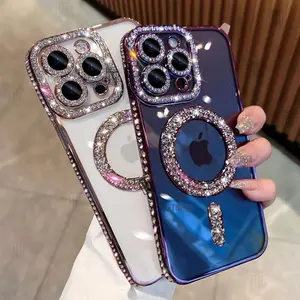 For iPhone 14 15 Pro Max High-grade Glitter Rhinestones Phone Case For iPhone 15 11 12 13 14 Pro Max Plus Magsafe Magnetic Clear Lens Protect Cover Girls