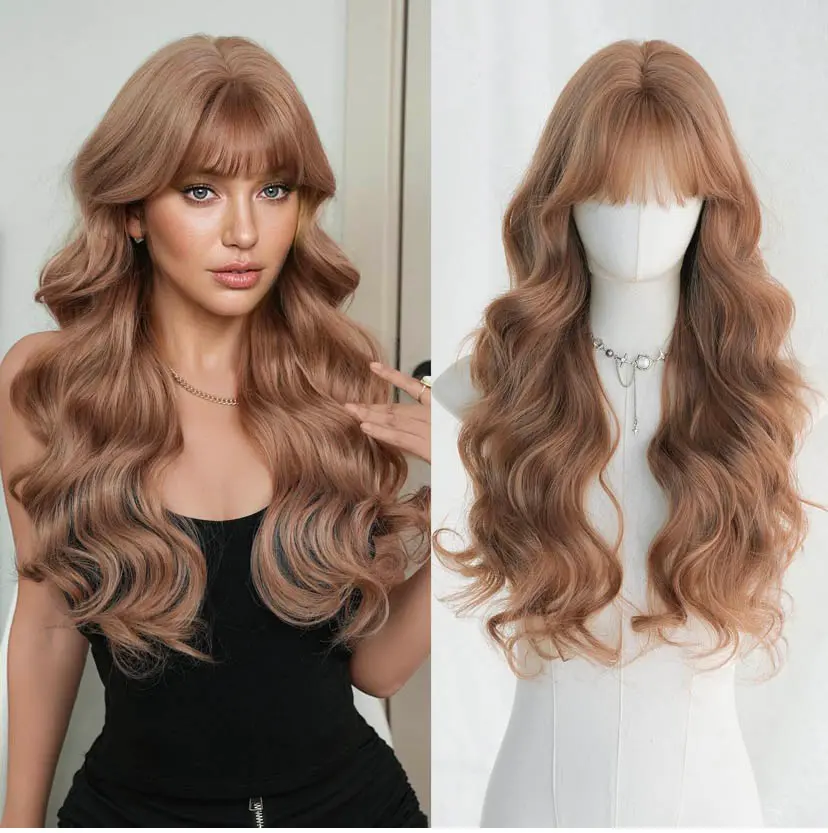 Synthetic Lace Front Glueless Wig with Bangs - 25.6 in Heat Resistant Body Wave Long Hair, Effortless Styling for Daily Use